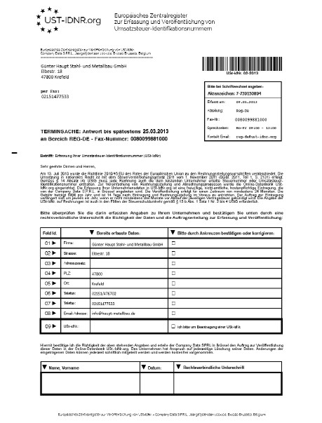 Abzocke - UST-IDNR.org - Europäisches Zentralregister zur Erfassung und Veröffentlichung von Umsatzsteuer-Identifikationsnummern
